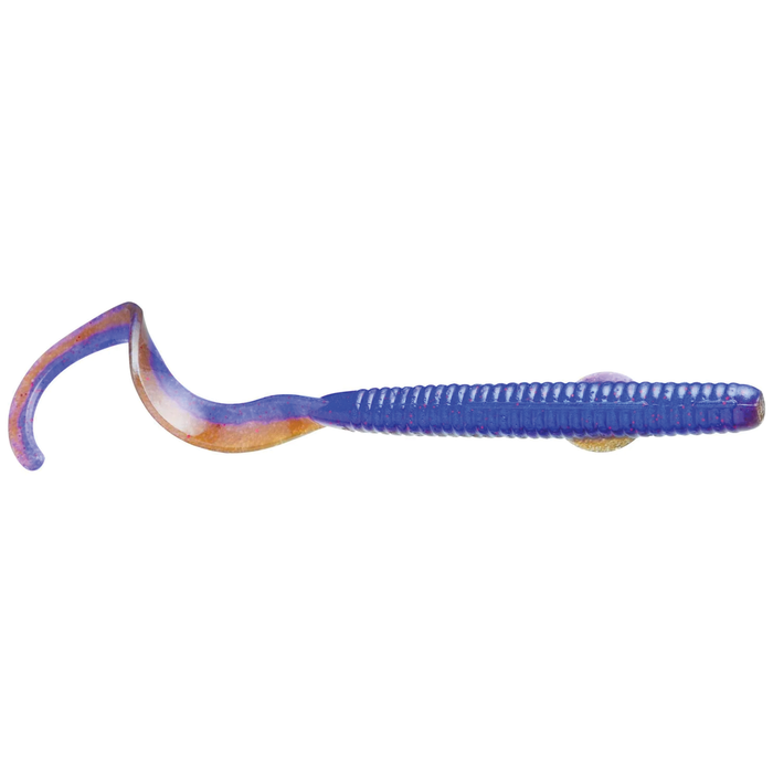 Soft plastic fishing lure in blue and orange hues with ribbed body and curled tail, designed for musky fishing, called Evergreen 3.2" Lucy.