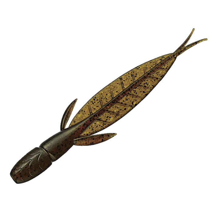 Evergreen C-4 Leech fishing lure in brown with black speckles, featuring a segmented body and soft flexible appendages designed to mimic natural prey for freshwater fishing.
