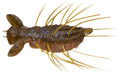 Evergreen Flutter Gizmo fishing lure designed to mimic a small aquatic creature with brown translucent body, blue glitter accents, and flexible yellow appendages.
