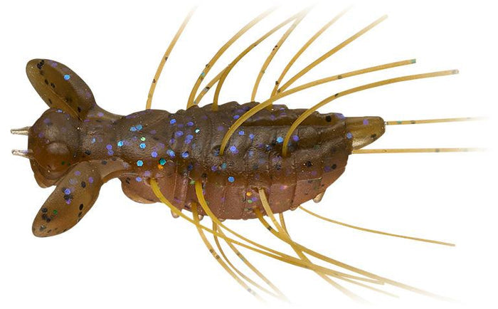 Evergreen Flutter Gizmo fishing lure designed to mimic a small aquatic creature with brown translucent body, blue glitter accents, and flexible yellow appendages.