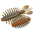 Close-up of two lifelike soft plastic fishing lures in brown and amber colors with multiple legs and segmented bodies designed to attract fish, named Evergreen Zowazowa.