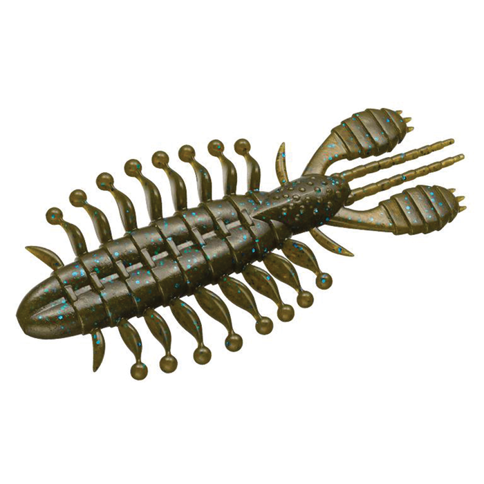Evergreen Zowazowa fishing lure designed to mimic a segmented insect or crustacean with multiple leg-like appendages and two large tail claws in a dark color with blue speckles.