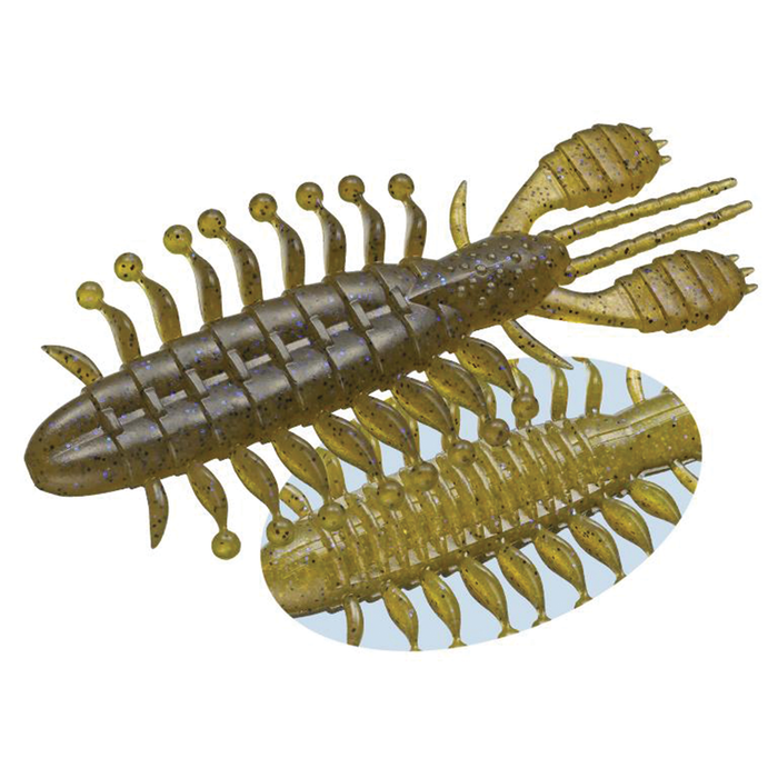 Two olive green fishing lures resembling segmented insects with multiple legs and antennae, designed as Evergreen Zowazowa soft baits for fishing tackle.