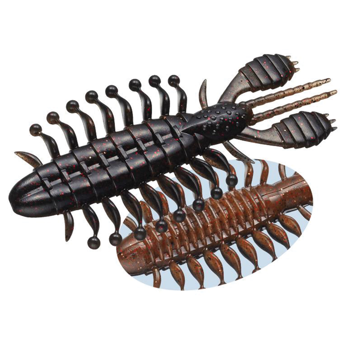 Two detailed soft plastic fishing lures resembling aquatic insects in black and brown colors, designed for freshwater fishing, labeled Evergreen Zowazowa.