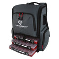 Dark gray Evolution Largemouth 3.0 Tackle Backpack with multiple zippered compartments and three transparent fishing tackle boxes attached at the front for organized fishing gear storage.