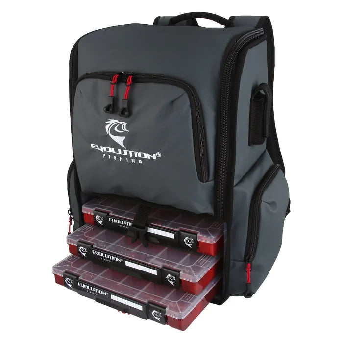 Dark gray Evolution Largemouth 3.0 Tackle Backpack with multiple zippered compartments and three transparent fishing tackle boxes attached at the front for organized fishing gear storage.