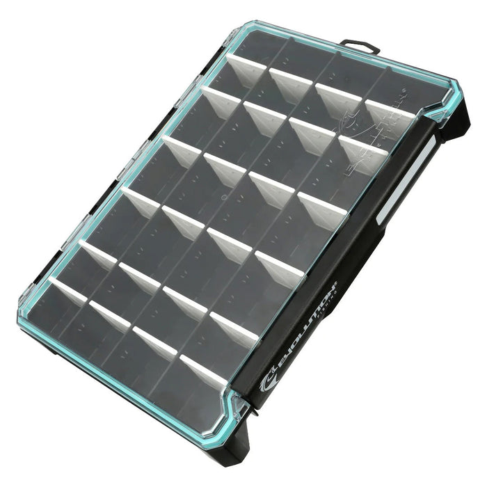 Evolution Outdoor BallistiX 3.7 Tackle Tray with clear lid and adjustable compartments designed for organizing fishing tackle and lures efficiently.