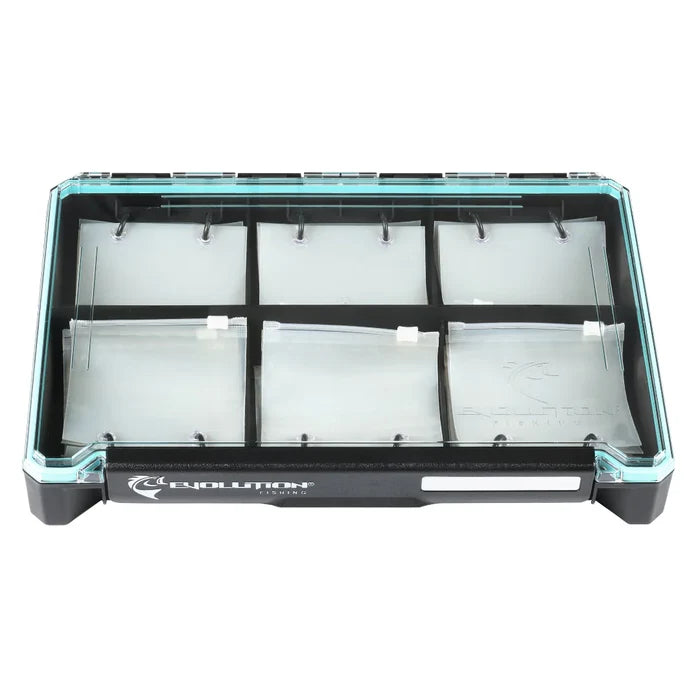 Evolution Outdoor BallistiX Blade Runner Tackle Tray featuring a clear lid and six compartments with removable dividers for organizing fishing tackle and lures efficiently.