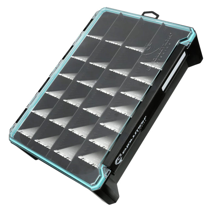 Evolution Outdoor BallistiX HANGR 3.7D Tackle Tray showing a black and translucent compartmentalized fishing tackle organizer designed for storing lures and fishing accessories.