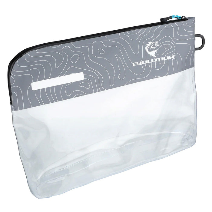 Clear plastic storage sack with gray top featuring white contour line design and zip closure, branded with Evolution Outdoor logo, designed for fishing tackle organization.