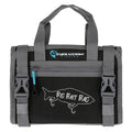 Evolution Outdoor Big Bait Bag in black with gray straps, featuring dual carry handles, buckle closures, front zippered pocket, and a graphic of a fishing lure with the product name.