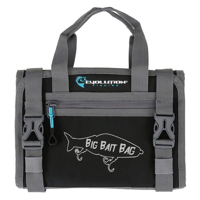 Evolution Outdoor Big Bait Bag in black with gray straps, featuring dual carry handles, buckle closures, front zippered pocket, and a graphic of a fishing lure with the product name.