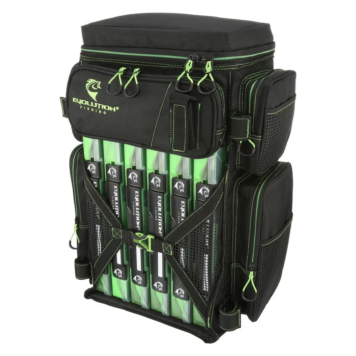 Black and green Evolution Outdoor Drift Tackle Backpack - 6 Trays designed for fishing tackle storage, featuring multiple zippered compartments and secure tray holders.