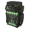 Black and green Evolution Outdoor Drift Tackle Backpack - 6 Trays designed for fishing tackle storage, featuring multiple zippered compartments and secure tray holders.