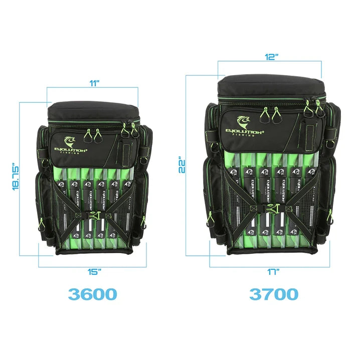 Front view comparison of two Evolution Outdoor Drift Tackle Backpack - 6 Trays models in black and green, featuring multiple compartments and secure lacing for fishing tackle storage.