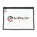 Clear rectangular EVOLV Fishing Heavy Duty Bait Bags with black trim, a black zipper featuring a red pull tab, and the EVOLV Fishing logo printed on the front for organizing fishing tackle and lures.