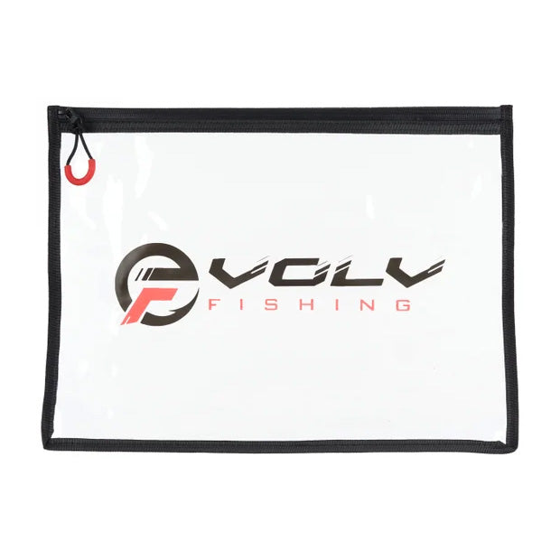 Clear rectangular EVOLV Fishing Heavy Duty Bait Bags with black trim, a black zipper featuring a red pull tab, and the EVOLV Fishing logo printed on the front for organizing fishing tackle and lures.