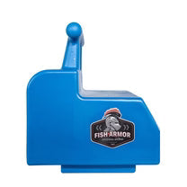 Blue Fish Armor Pro Lite fishing tackle storage box with a compact design and secure locking mechanism, ideal for organizing fishing rods and lures.