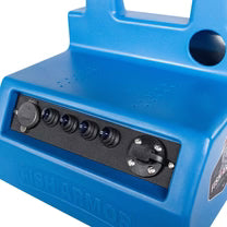 Blue Fish Armor Pro Lite portable livewell aerator with control panel featuring power switch, flow control knobs, and a power cord socket for fishing tackle equipment.