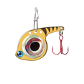 Fish Daddy Dirty Bomb Minnow fishing lure in yellow with black tiger stripes, realistic large eye design, and red treble hook, used for fishing tackle.