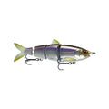 FishLab BBZ Hard Swimbait in segmented design with realistic scale texture, silver and purple coloration, detailed eyes, and two treble hooks for fishing tackle.