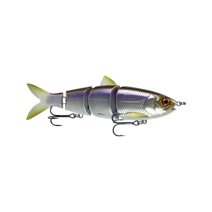 FishLab BBZ Hard Swimbait in segmented design with realistic scale texture, silver and purple coloration, detailed eyes, and two treble hooks for fishing tackle.