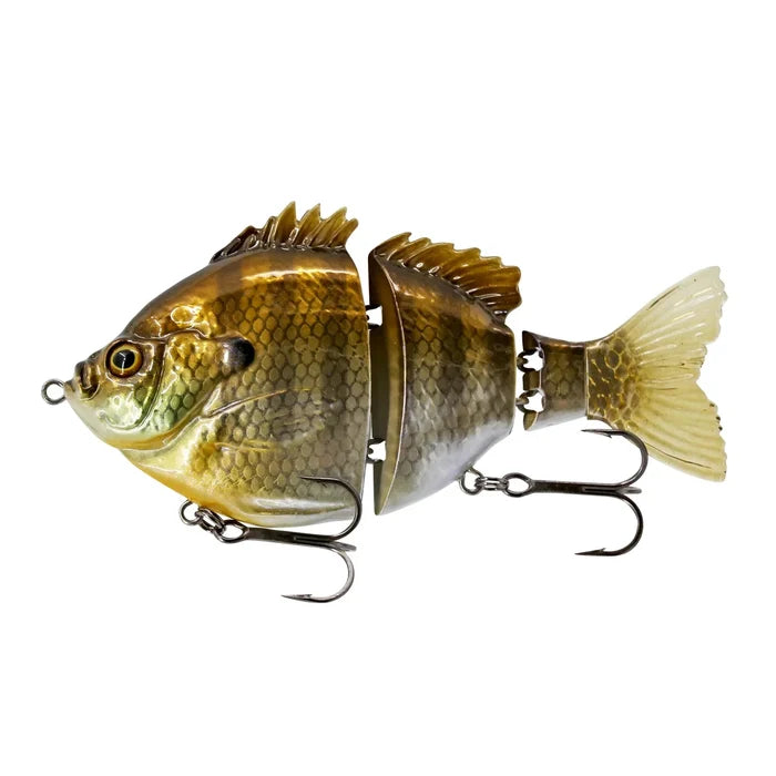 FishLab Bio-Gill Swimbait Pro realistic bluegill fishing lure with segmented body translucent tail and treble hooks for musky tackle