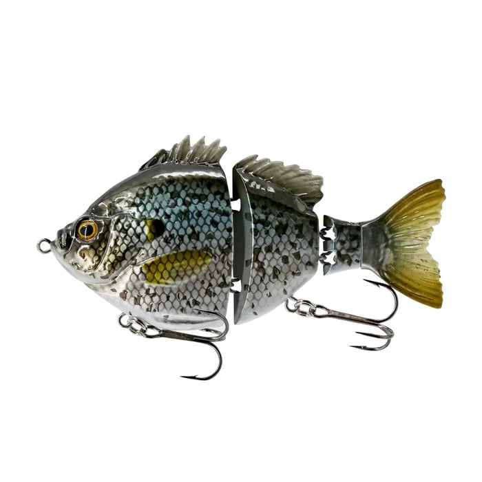 FishLab Bio-Gill Swimbait Pro bluegill fishing lure with segmented body lifelike scales yellow tail and treble hooks for musky fishing