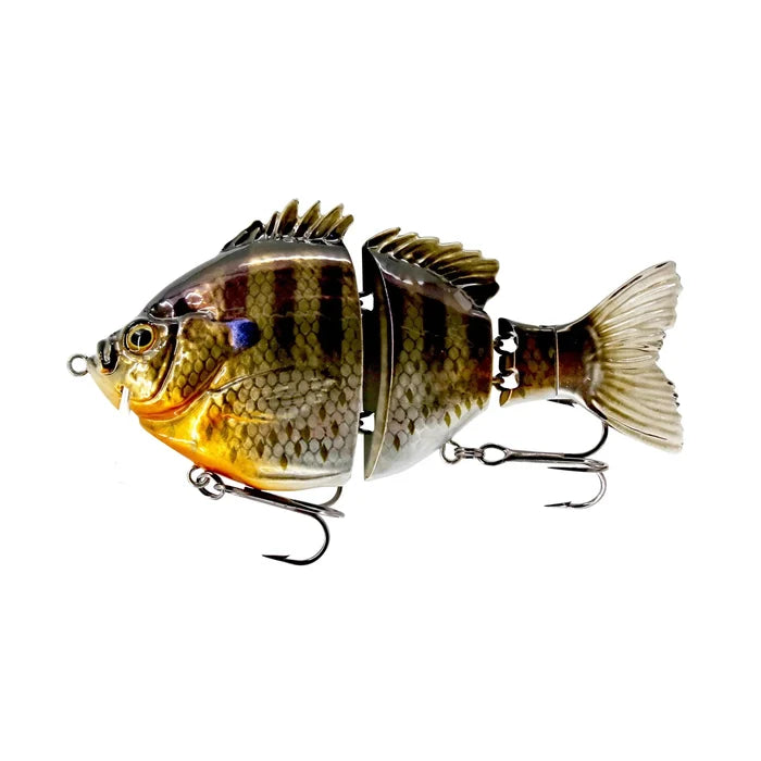 FishLab Bio-Gill Wake Bait Pro realistic segmented bluegill fishing lure with treble hooks and feathered tail for musky fishing tackle