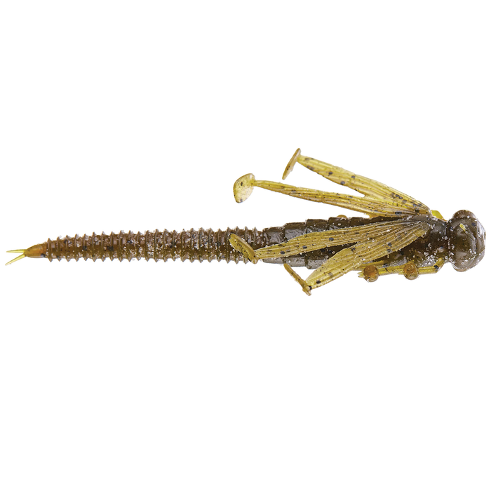 FishLab Flutter Nymph - Nature Series is a detailed soft plastic fishing lure resembling a nymph insect with segmented brown body and translucent yellow legs, designed for fishing tackle.