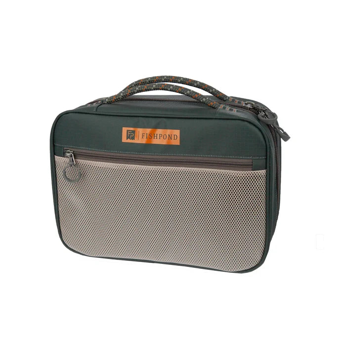 Fishpond Backwater Fly Tying Kit featuring a compact, zippered carrying case with a mesh front pocket and padded handle for organizing fly tying tools and materials.