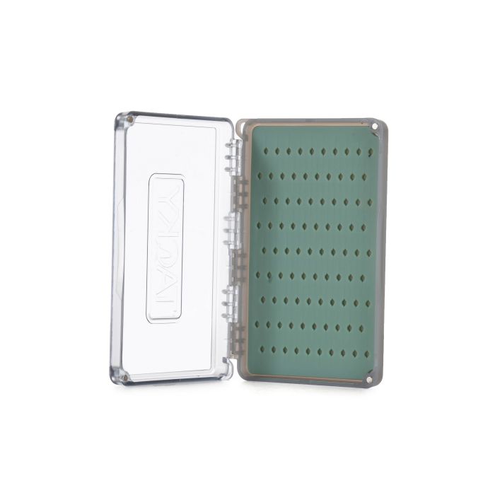 Clear plastic fly box open to reveal green silicone insert with multiple slots for securely holding fishing lures, featuring the Fishpond Tacky Fly Boxes Silicone design.