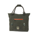 Fishpond Horse Thief Tote in dark olive green canvas with braided rope handles, front zip pocket with orange detail, buckled straps, and Fishpond logo patch.