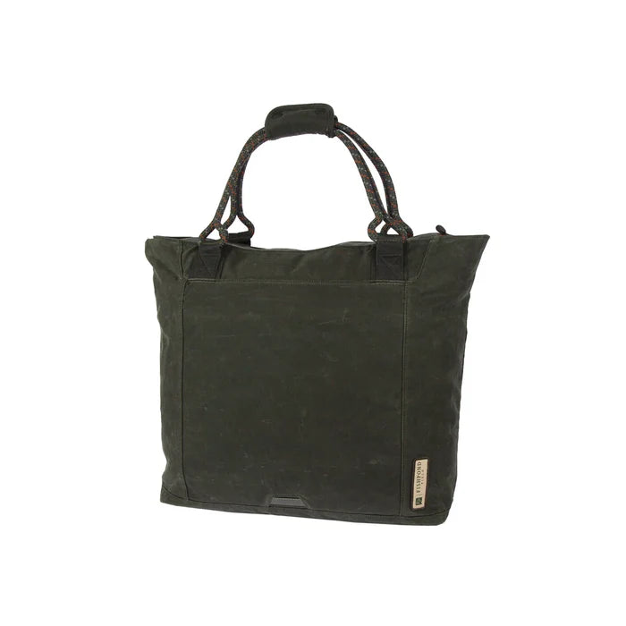 Fishpond Horse Thief Tote in dark olive green with reinforced top handles and rope detailing, designed as a durable and stylish fishing tackle carry bag.