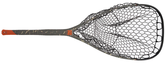 Fishpond Nomad El Jefe Net 2.0 fly fishing net with a long dark handle orange accents and a wide rubber landing basket on a white background