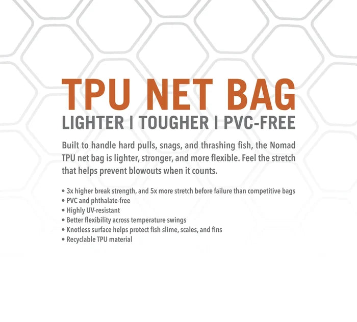Fishpond Nomad El Jefe Net 2.0 TPU net bag graphic highlighting a lighter tougher PVC free design durable stretch and fish friendly material