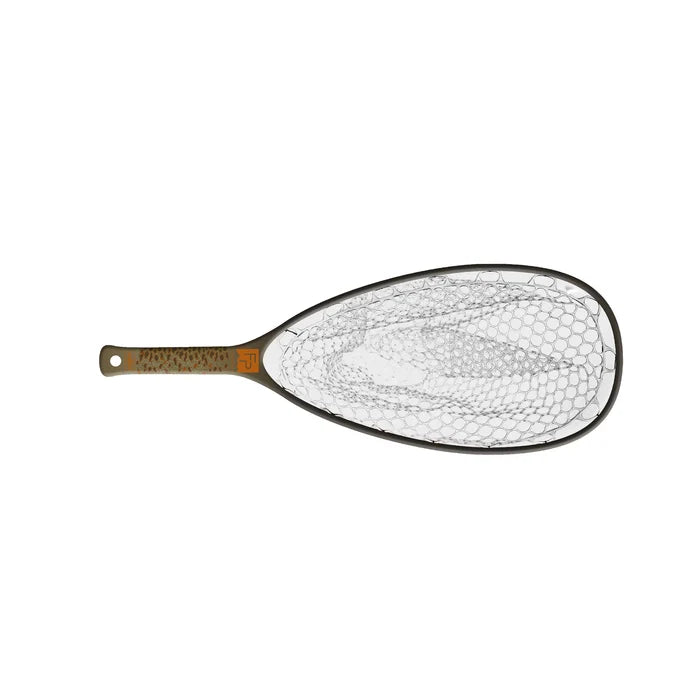 Fishpond Nomad Native Net 2.0 with a dark brown, oval-shaped frame and clear rubberized mesh netting designed for gentle catch and release in fishing.