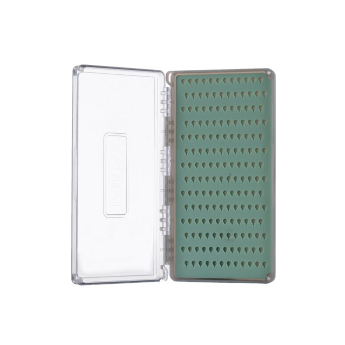 Fishpond Tacky Fly Boxes Silicone featuring a clear hinged lid and green silicone interior with multiple teardrop-shaped slots for securely holding fishing lures and flies.
