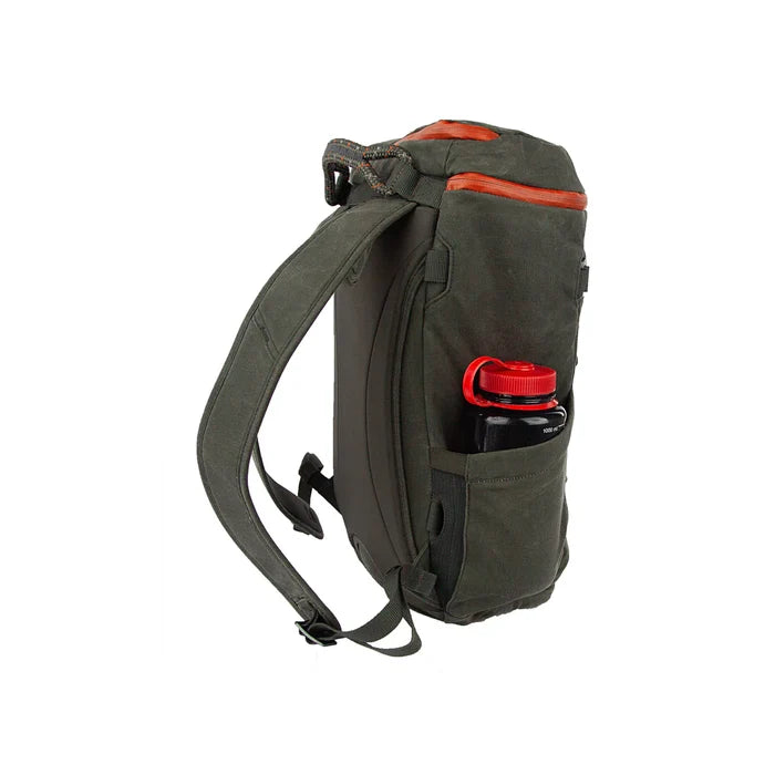 Fishpond River Bank Backpack in dark olive green with brown accents, featuring padded back panel and adjustable shoulder straps, side pocket holding a black water bottle with red lid.
