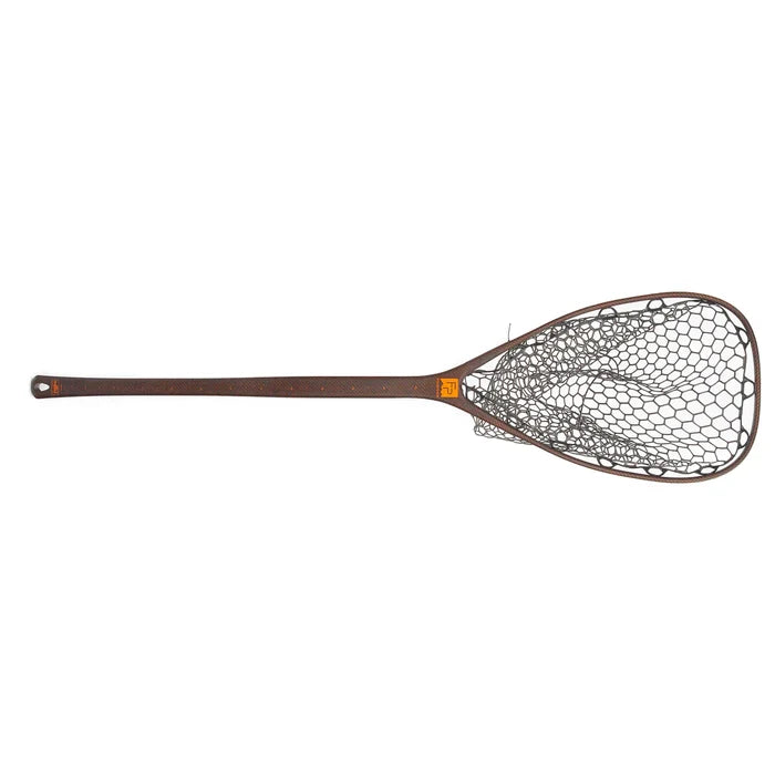 Fishpond Yampa Guide Net 2.0 with a long wooden handle and a deep, rubberized mesh net designed for catch and release fishing.