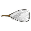 Fishpond Yampa Hand Net 2.0 with a textured brown handle and a large clear rubber mesh net, designed for fishing tackle and safely landing fish.