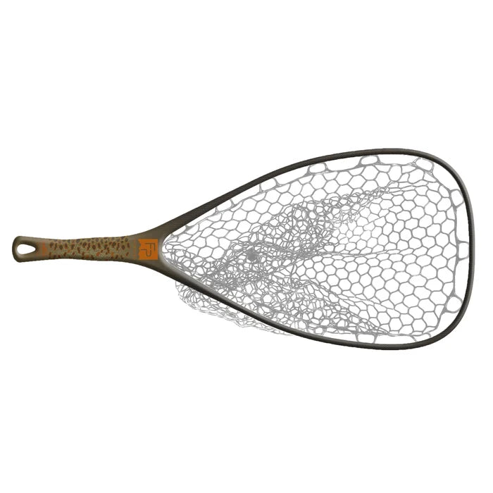 Fishpond Yampa Hand Net 2.0 with a textured brown handle and a large clear rubber mesh net, designed for fishing tackle and safely landing fish.