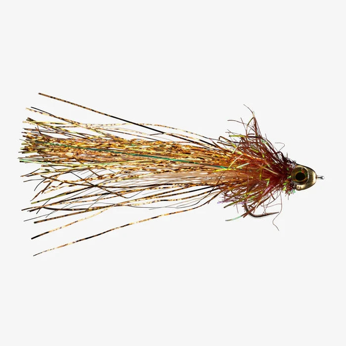 Flash Drive fishing lure with copper and brown hues, featuring a shiny, reflective body and long, slender fibers designed to mimic freshwater baitfish for effective fishing tackle.