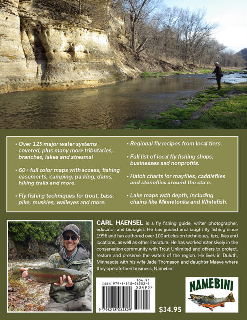 Back cover of Fly Fishing Minnesota book showing a scenic river with cliffs, a person fly fishing by the water, informational text about fishing maps, techniques, and local resources, and a photo of the author holding a fish.