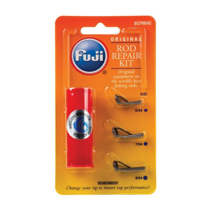 Fuji Rod Repair Kit in orange packaging includes three different sized rod tip guides and a red tube of rod tip glue for fishing rod repair and maintenance.