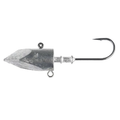 Close-up of a metallic Fujiwara Mugen Head Assist fishing lure head with a sharp single hook designed for musky and ice fishing tackle.
