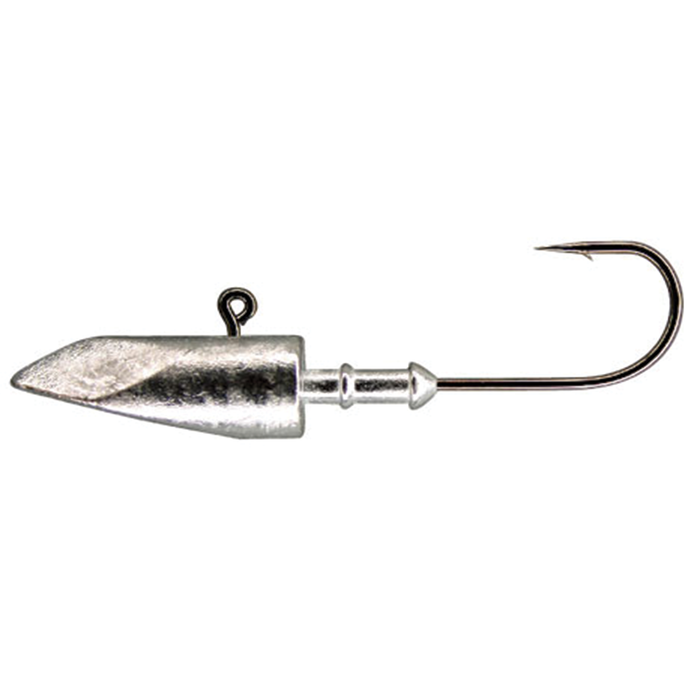 Silver-colored fishing jig head with a long shank hook and an eyelet for attaching line, designed for fishing tackle, Fujiwara Mugen Head Long Shank.