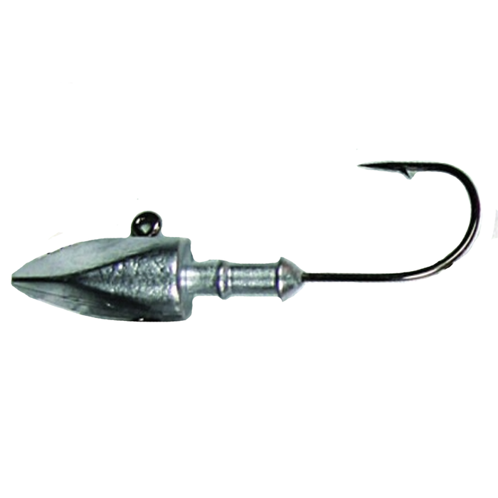 Silver metallic fishing jig head with a sharp angled hook, featuring a streamlined design and a small eyelet for attaching line, Fujiwara Mugen Head model.