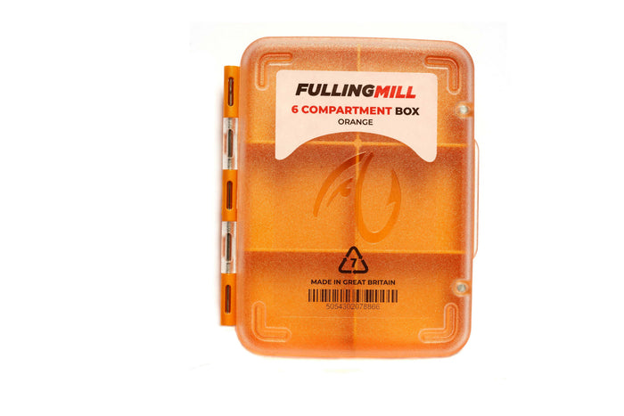 Fulling Mill 6 Compartment Box in translucent orange plastic with secure latch, designed for organizing fishing tackle like lures and small accessories.