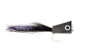 Fulling Mill NYAP Popper fishing lure with a black foam head, silver eye detail, and a trailing black and purple feather tail designed for fly fishing and musky tackle.
